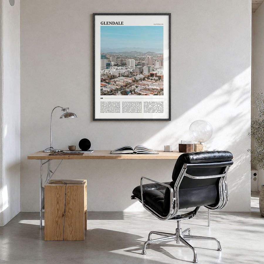 Glendale, California Travel Poster in a black wood frame, hanging in a bright home office