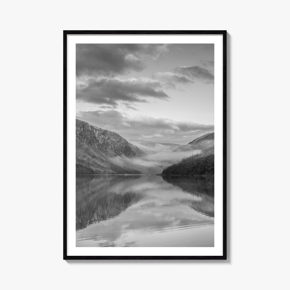 Glendalough Upper black & white photo poster of Ireland – vertical wall art, unframed print shown in interior mockup