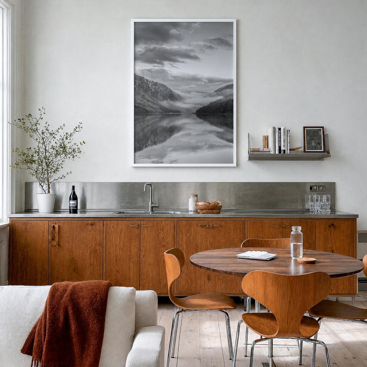 Glendalough Upper black & white photo poster of Ireland – vertical wall art in white wood frame, hanging on wall