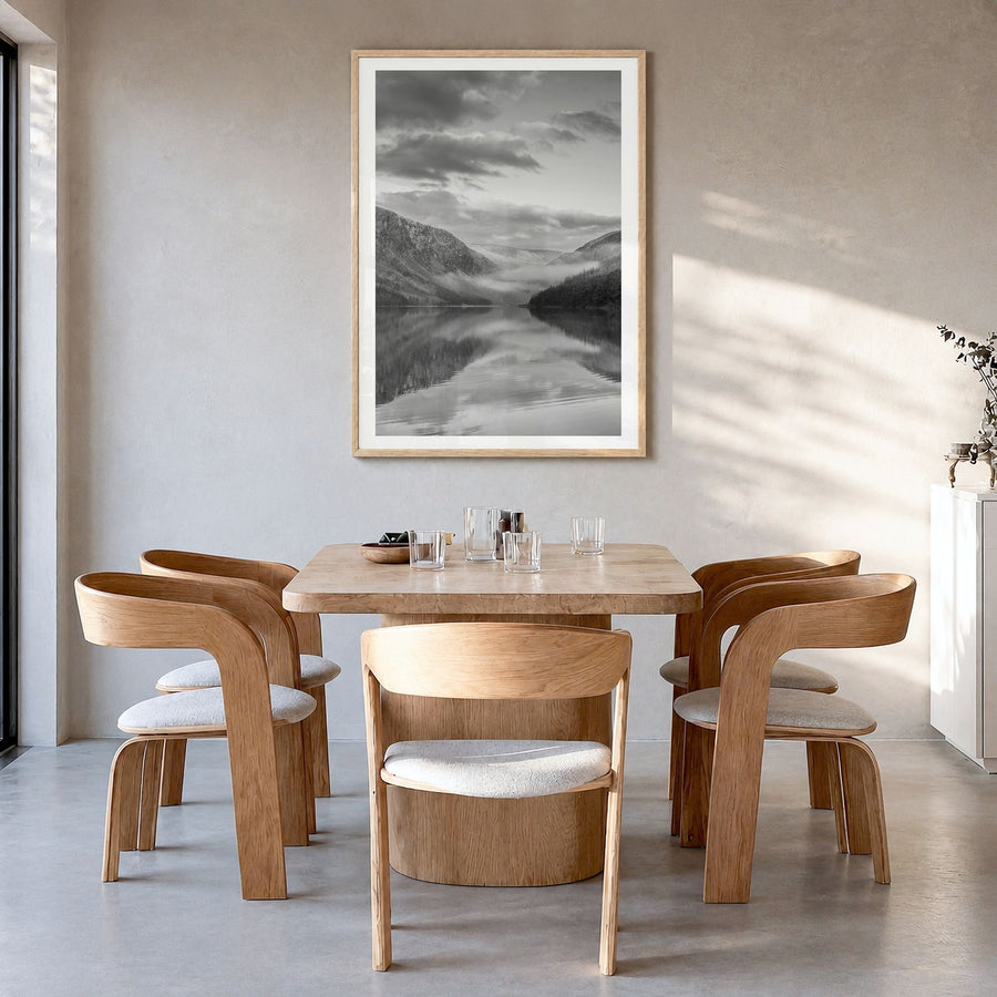 Glendalough Upper Photo Poster in a natural wood frame, hanging in a dining room, white border