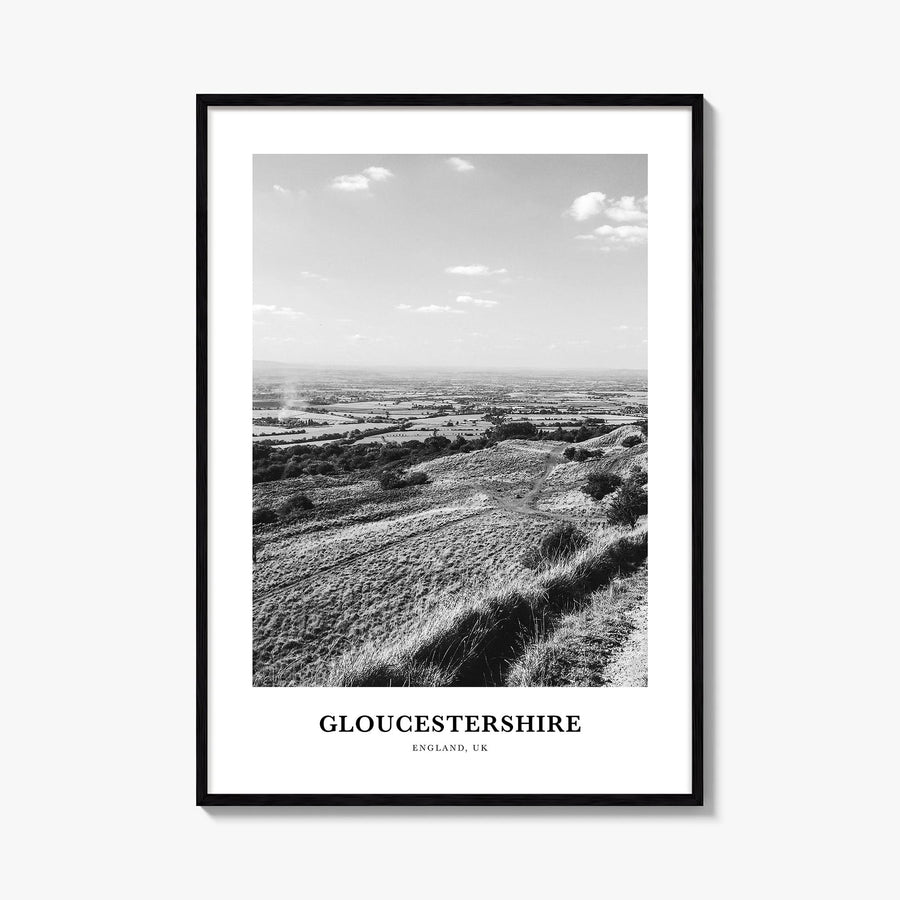Gloucestershire black & white classic poster of United Kingdom – vertical wall art, unframed print shown in interior mockup