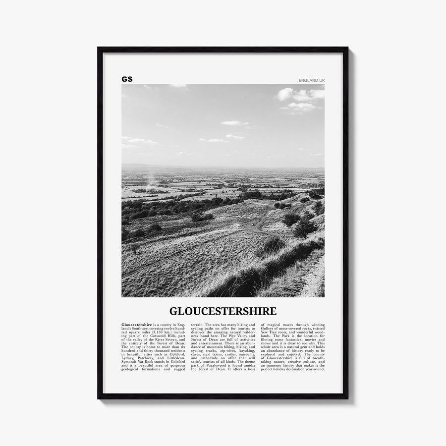 Gloucestershire black & white newspaper poster of United Kingdom – vertical wall art, unframed print shown in interior mockup