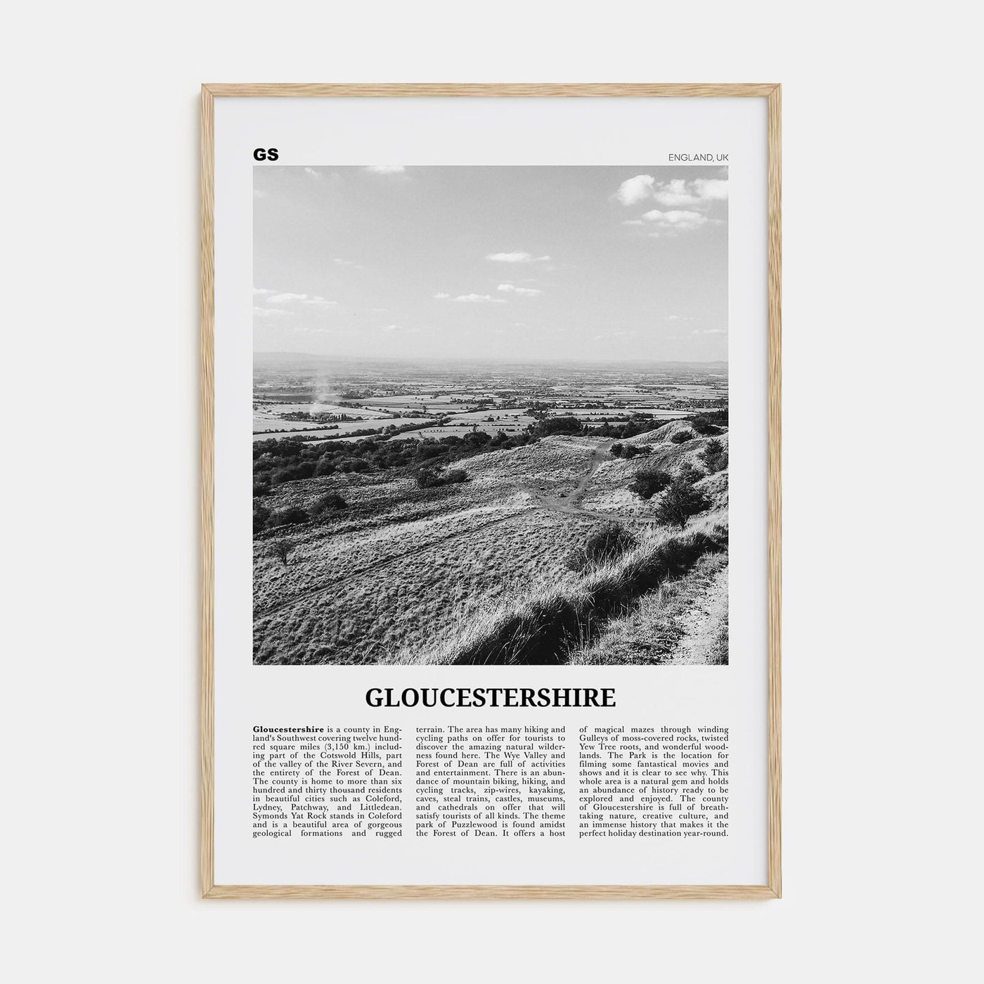 Gloucestershire Poster Natural Wood / 8x12 in Nbourhood Travel B&W Poster