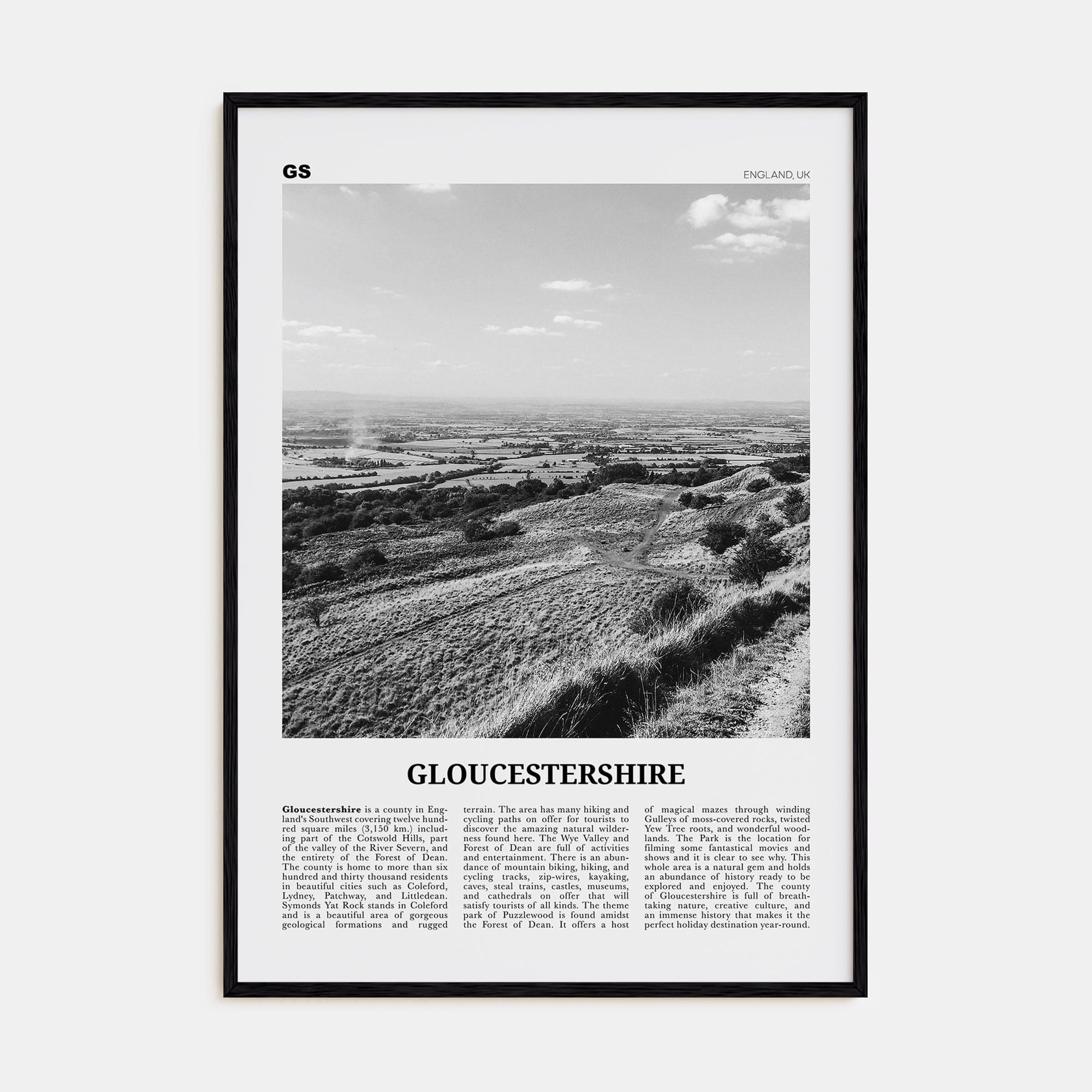 Gloucestershire Poster Black Wood / 8x12 in Nbourhood Travel B&W Poster