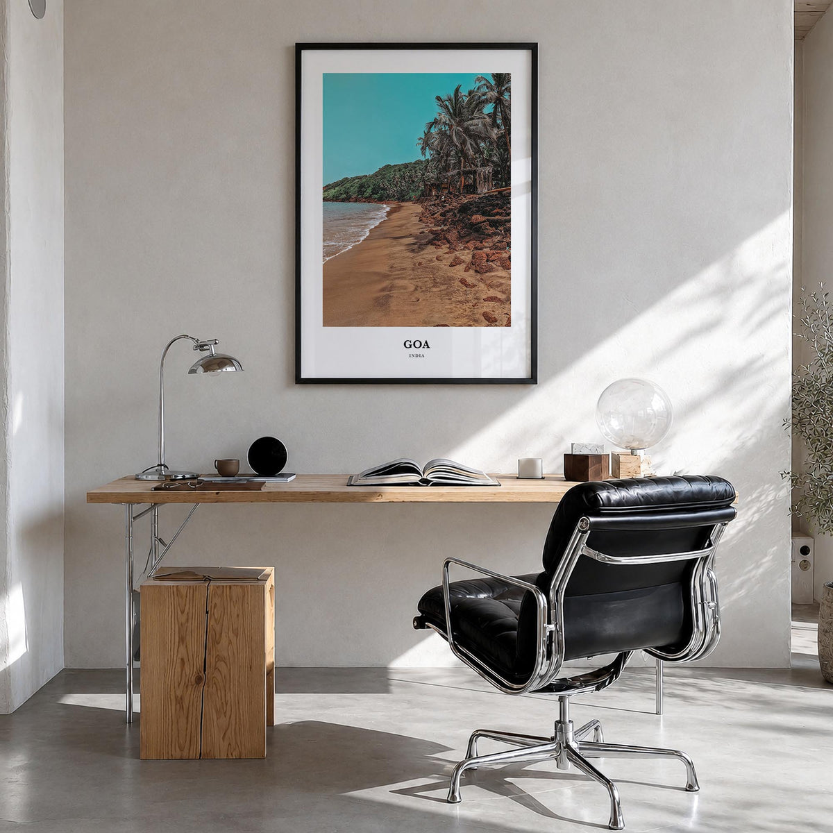 Goa colorful classic poster of India – vertical wall art in black wood frame, hanging on wall