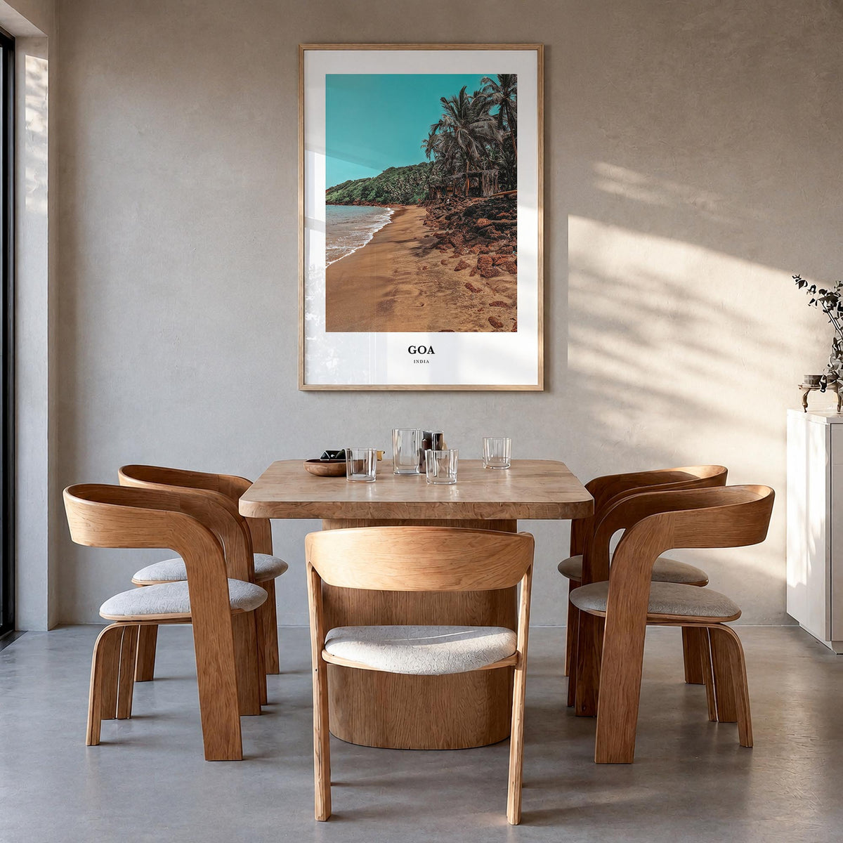 Goa colorful classic poster of India – vertical wall art in natural wood frame, hanging on wall