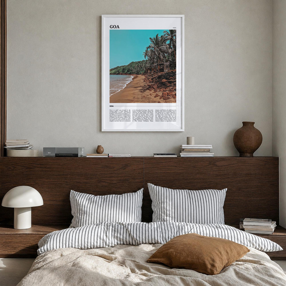 Goa colorful travel poster of India – vertical wall art in white wood frame, hanging on wall