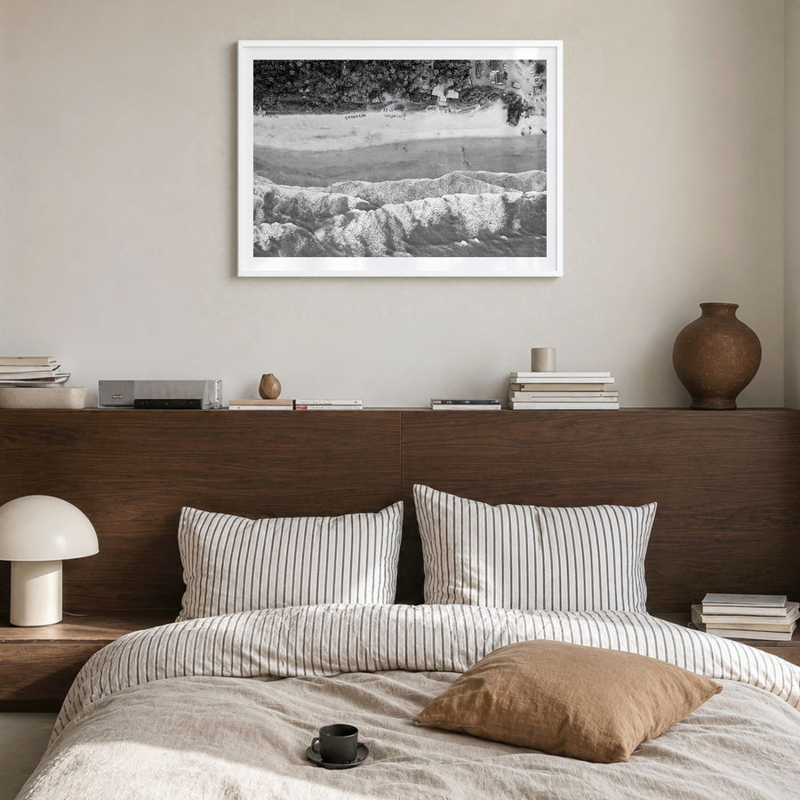 Goa Photo Poster in a white wood frame, hanging in a bedroom, white border