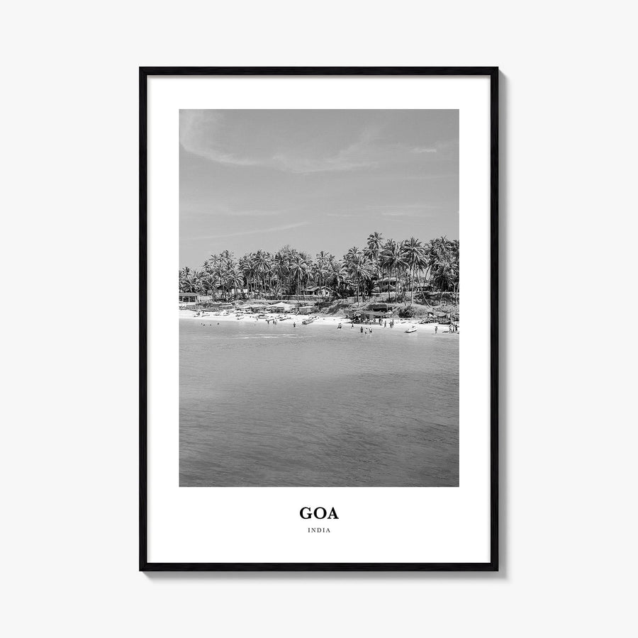 Goa no. 1 black & white classic poster of India – vertical wall art, unframed print shown in interior mockup