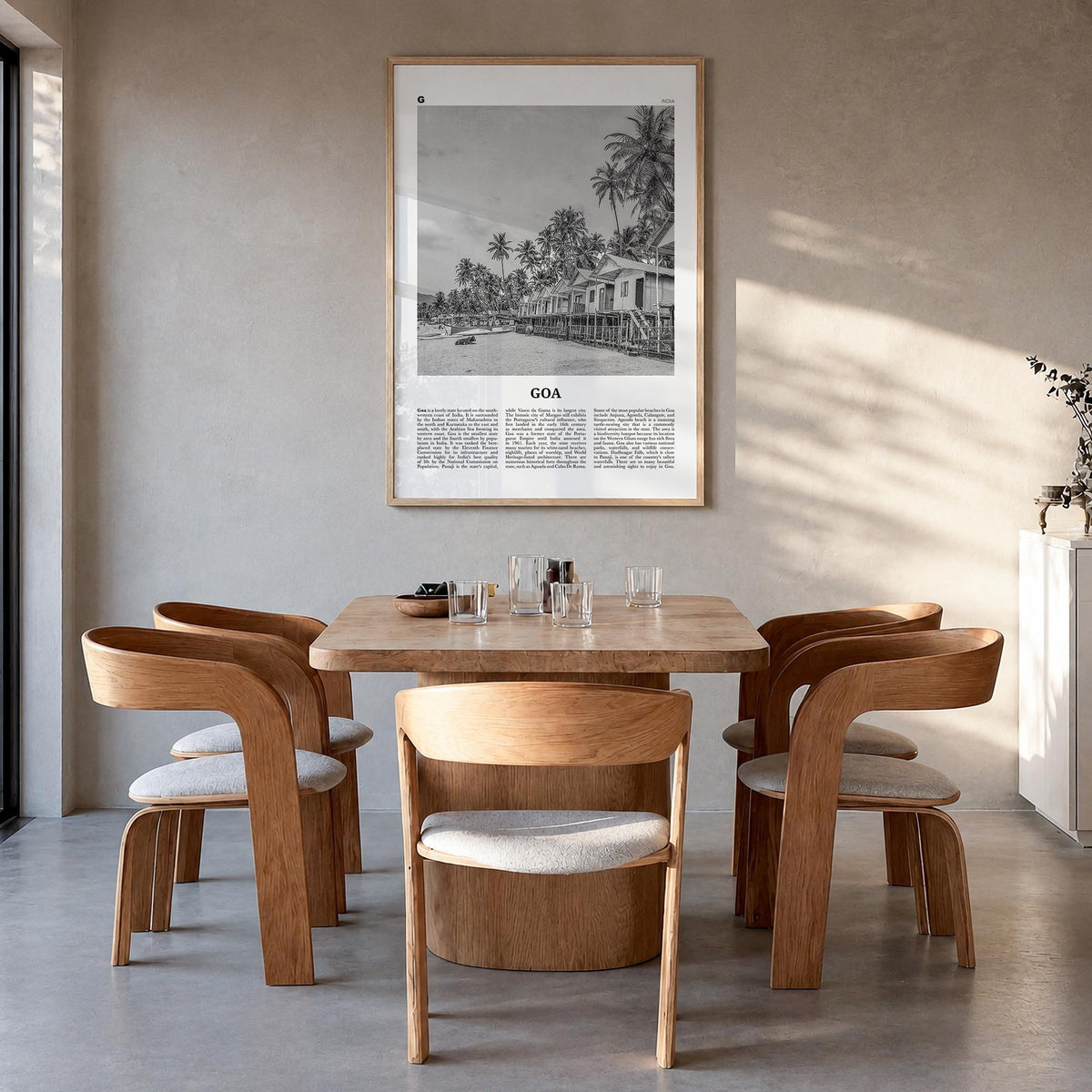 Goa no. 1 black & white newspaper poster of India – vertical wall art in natural wood frame, hanging on wall