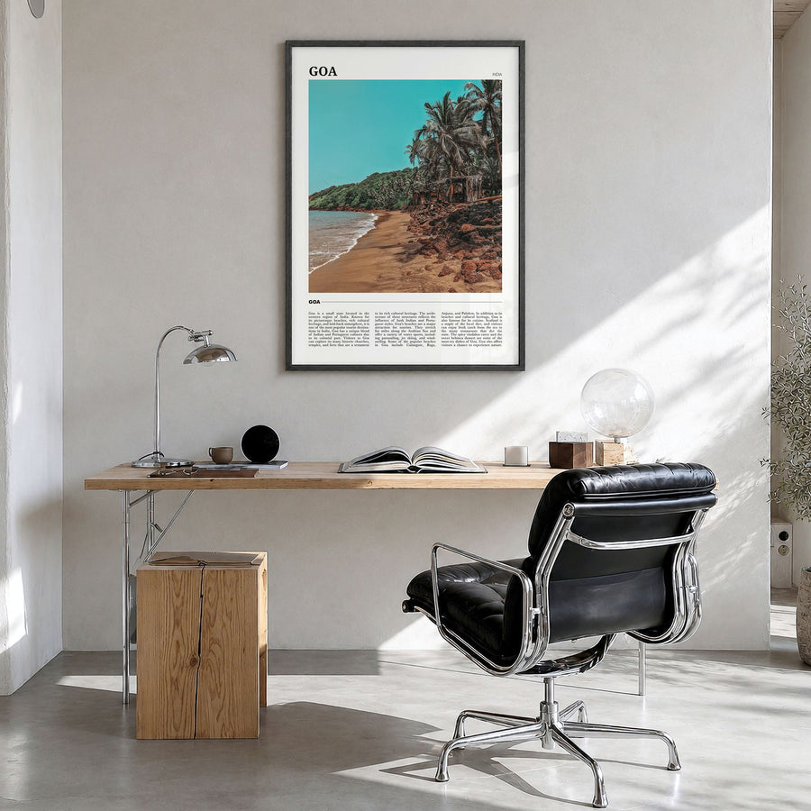 Goa Travel Poster in a black wood frame, hanging in a bright home office