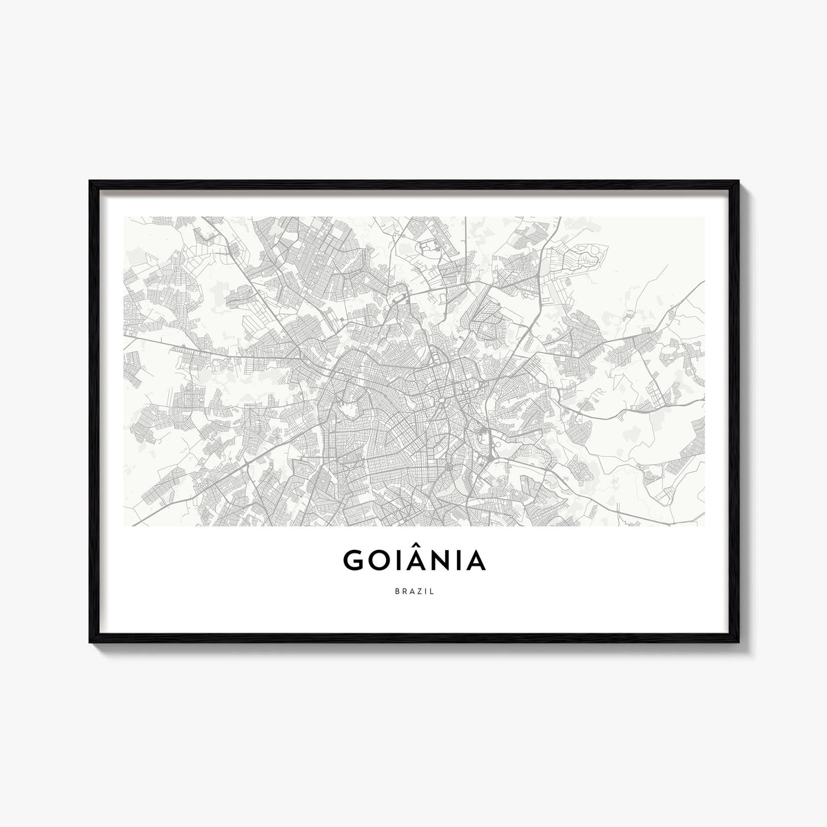 Goiânia black & white map poster of Brazil – horizontal wall art, unframed print shown in interior mockup