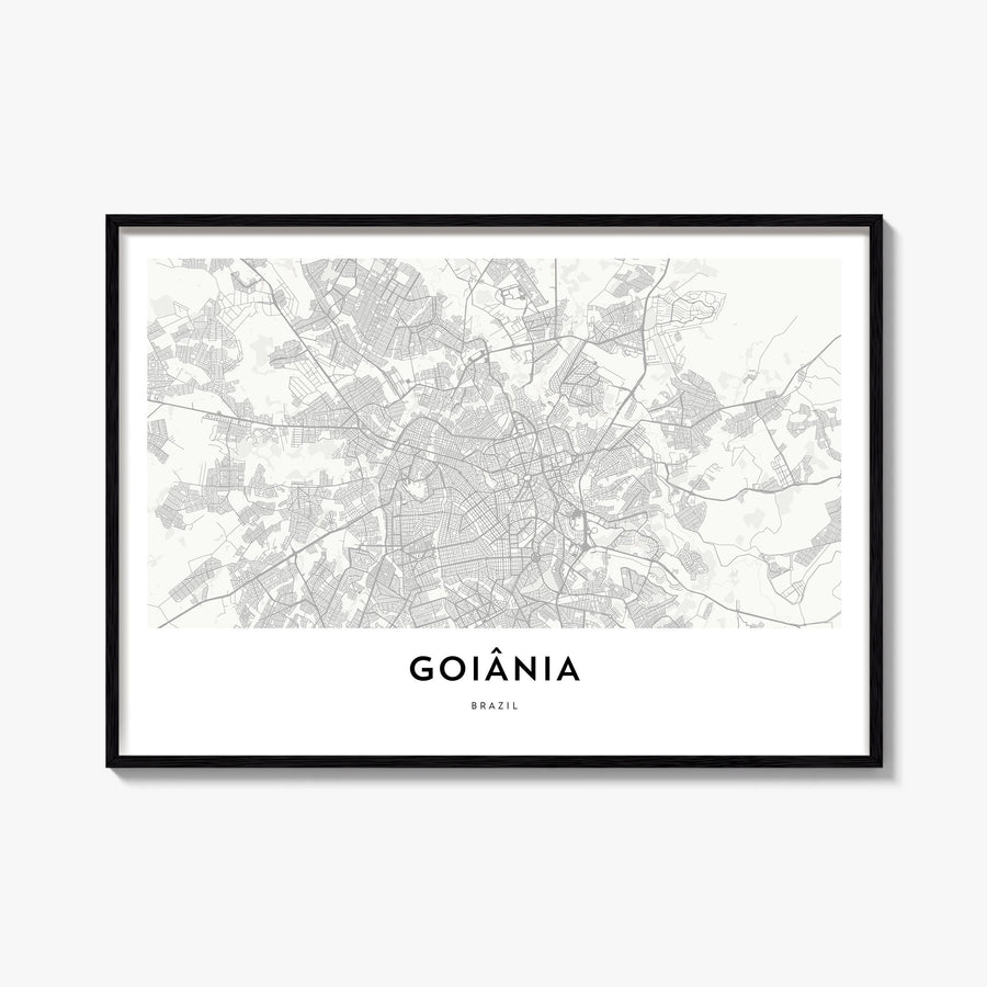 Goiânia black & white map poster of Brazil – horizontal wall art, unframed print shown in interior mockup