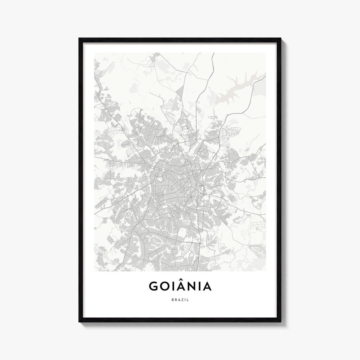 Goiânia black & white map poster of Brazil – vertical wall art, unframed print shown in interior mockup