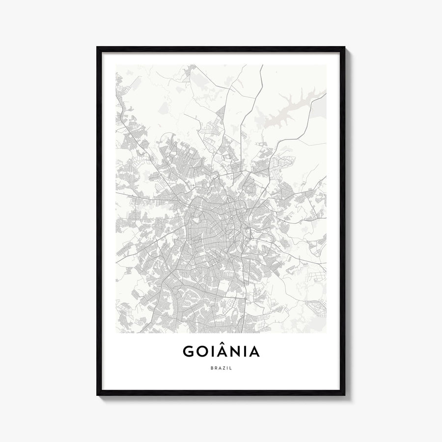 Goiânia black & white map poster of Brazil – vertical wall art, unframed print shown in interior mockup