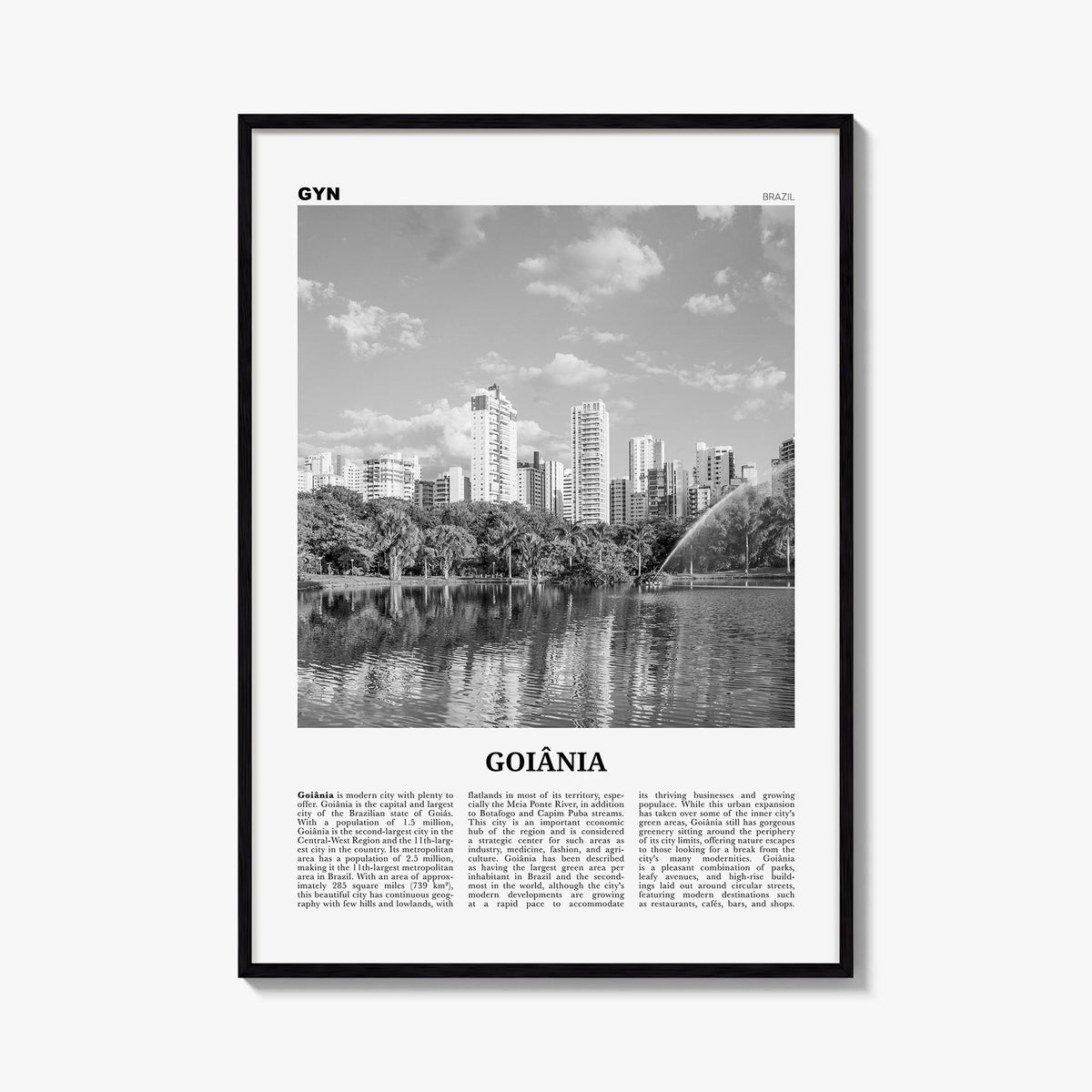 Goiânia black & white newspaper poster of Brazil – vertical wall art, unframed print shown in interior mockup