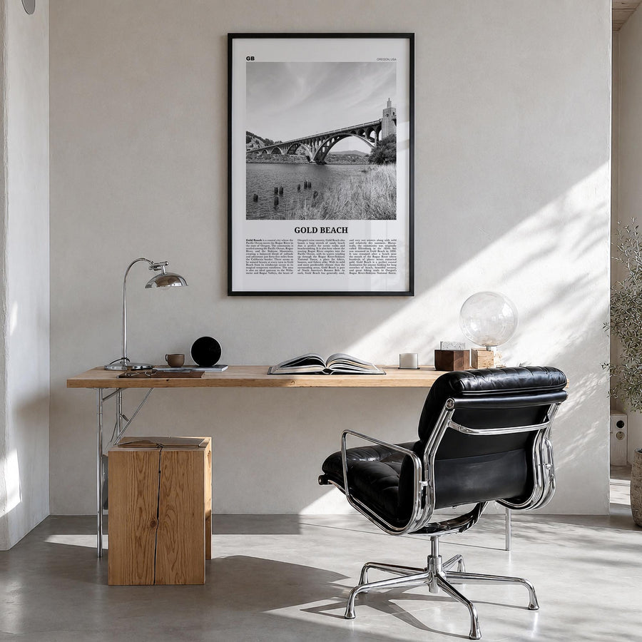 Gold Beach black & white newspaper poster of Oregon, USA – vertical wall art in black wood frame, hanging on wall