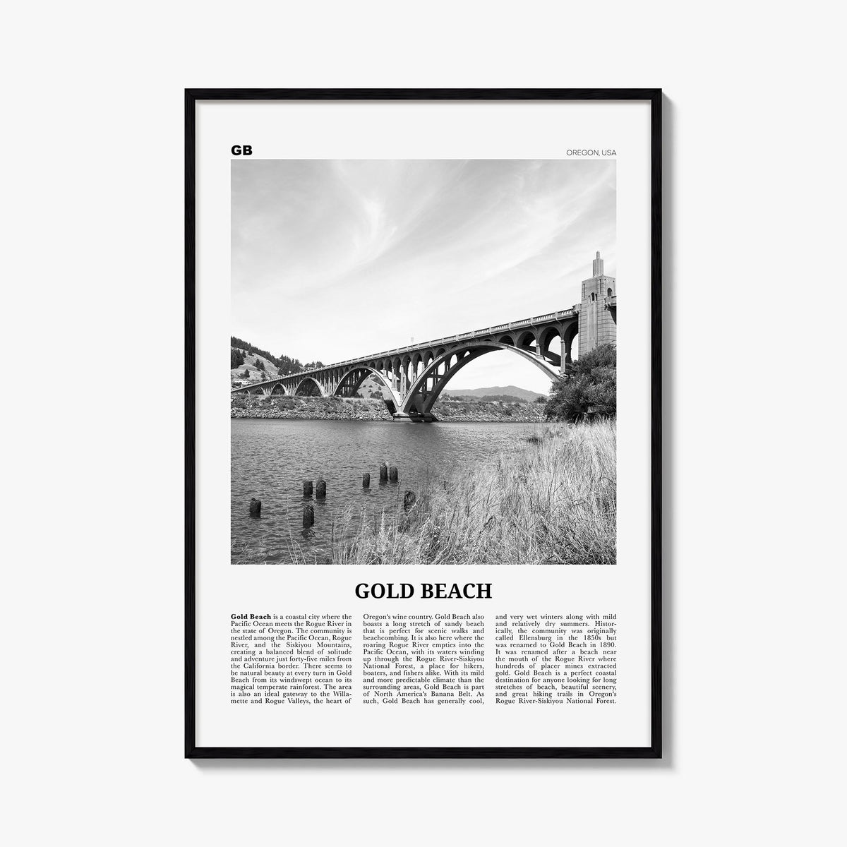 Gold Beach black & white newspaper poster of Oregon, USA – vertical wall art, unframed print shown in interior mockup