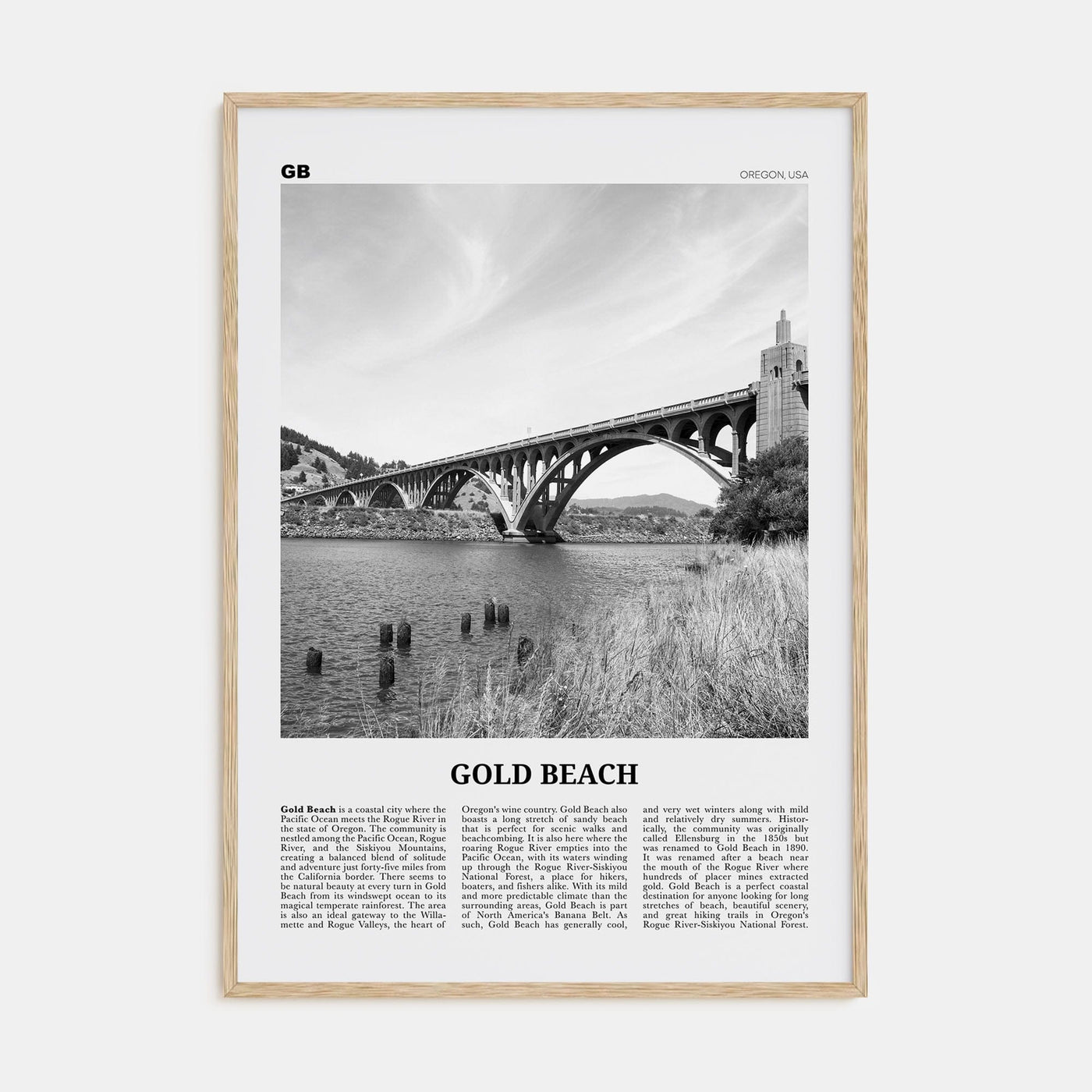 Gold Beach Poster Natural Wood / 8x12 in Nbourhood Travel B&W Poster