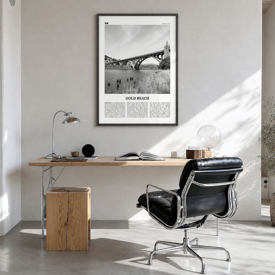 Gold Beach Newspaper Poster in a black wood frame, hanging in a bright home office