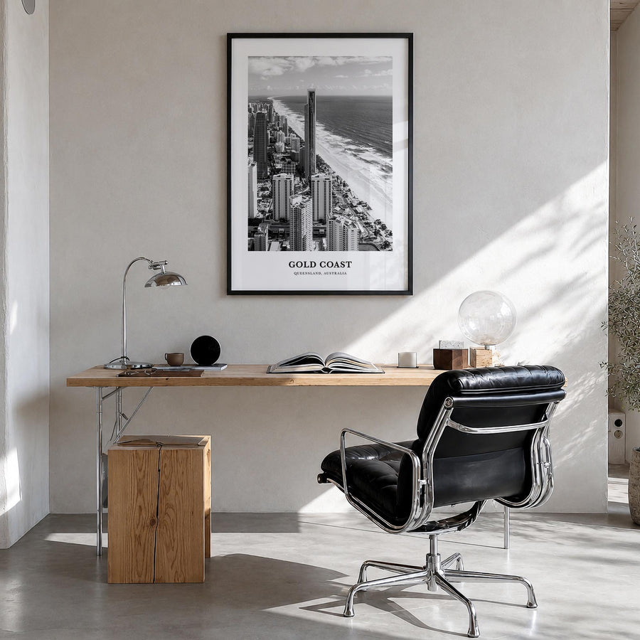 Gold Coast black & white classic poster of Queensland, Australia – vertical wall art in black wood frame, hanging on wall