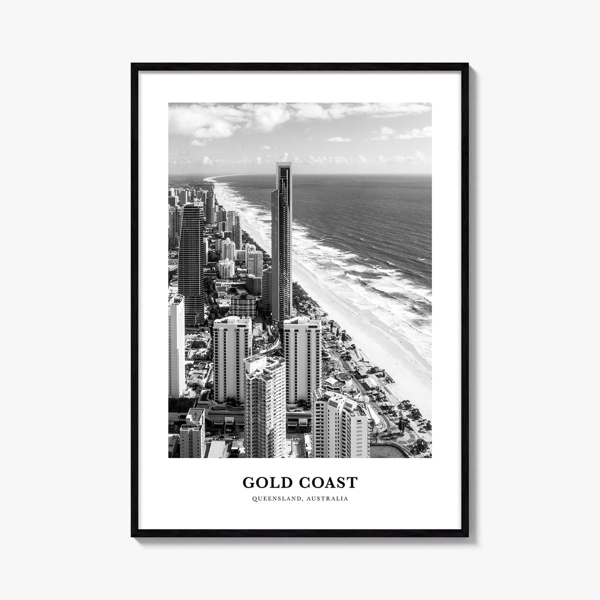 Gold Coast black & white classic poster of Queensland, Australia – vertical wall art, unframed print shown in interior mockup