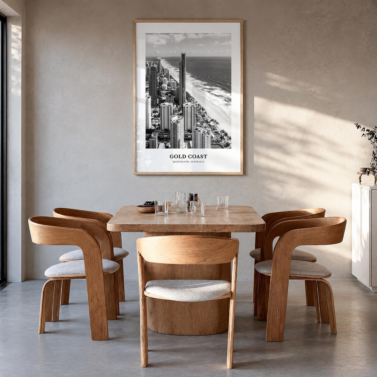 Gold Coast black & white classic poster of Queensland, Australia – vertical wall art in natural wood frame, hanging on wall