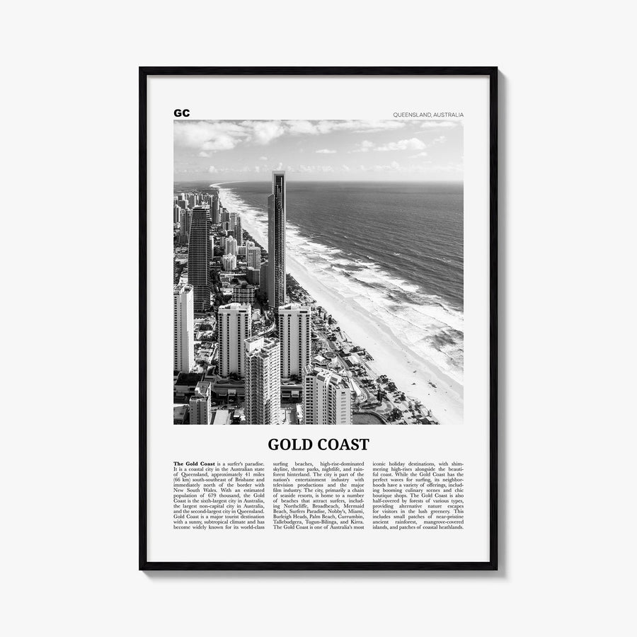 Gold Coast black & white newspaper poster of Queensland, Australia – vertical wall art, unframed print shown in interior mock