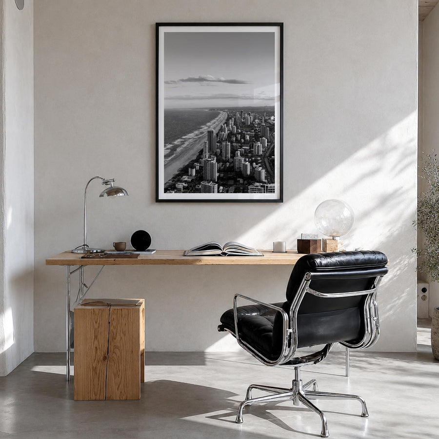 Gold Coast black & white photo poster of Queensland, Australia – vertical wall art in black wood frame with white border, han