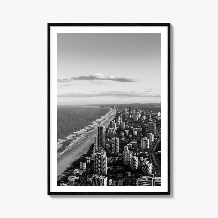 Gold Coast black & white photo poster of Queensland, Australia – vertical wall art, unframed print shown in interior mockup
