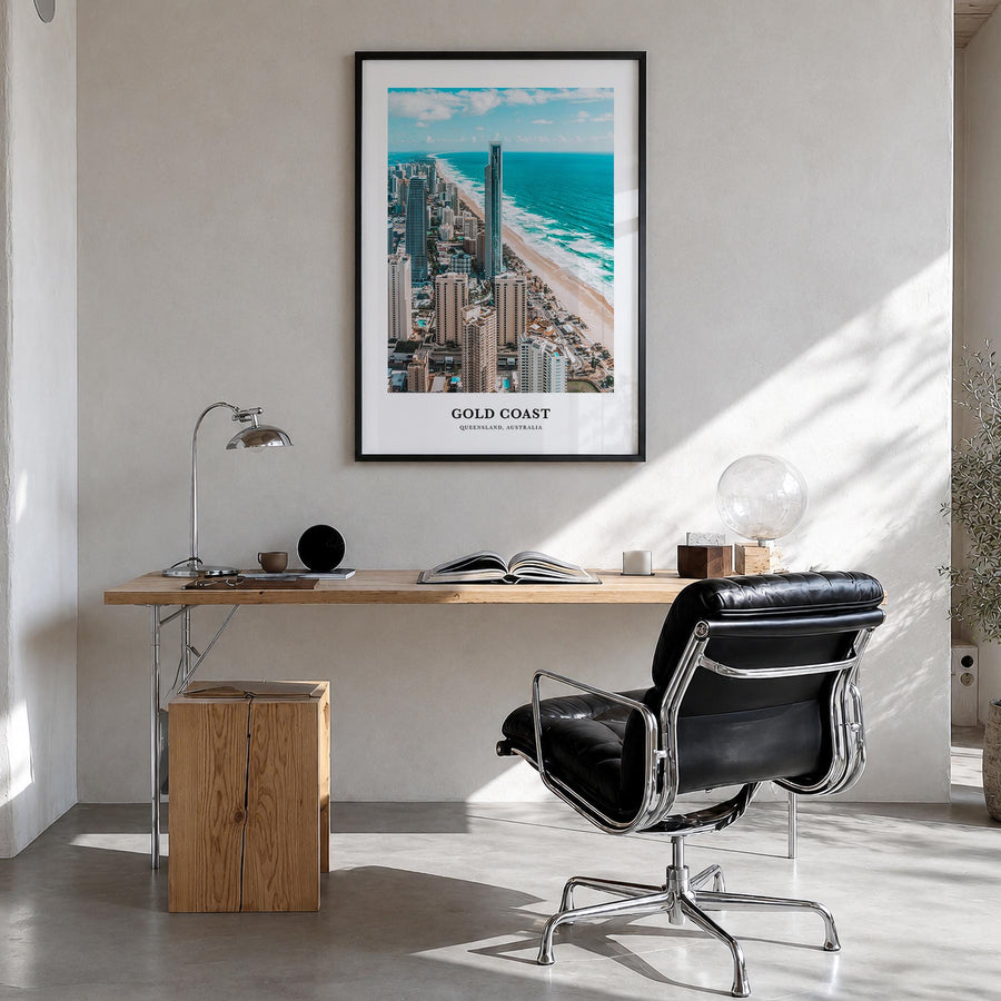 Gold Coast colorful classic poster of Queensland, Australia – vertical wall art in black wood frame, hanging on wall