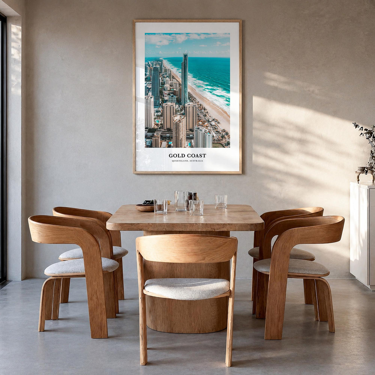 Gold Coast colorful classic poster of Queensland, Australia – vertical wall art in natural wood frame, hanging on wall