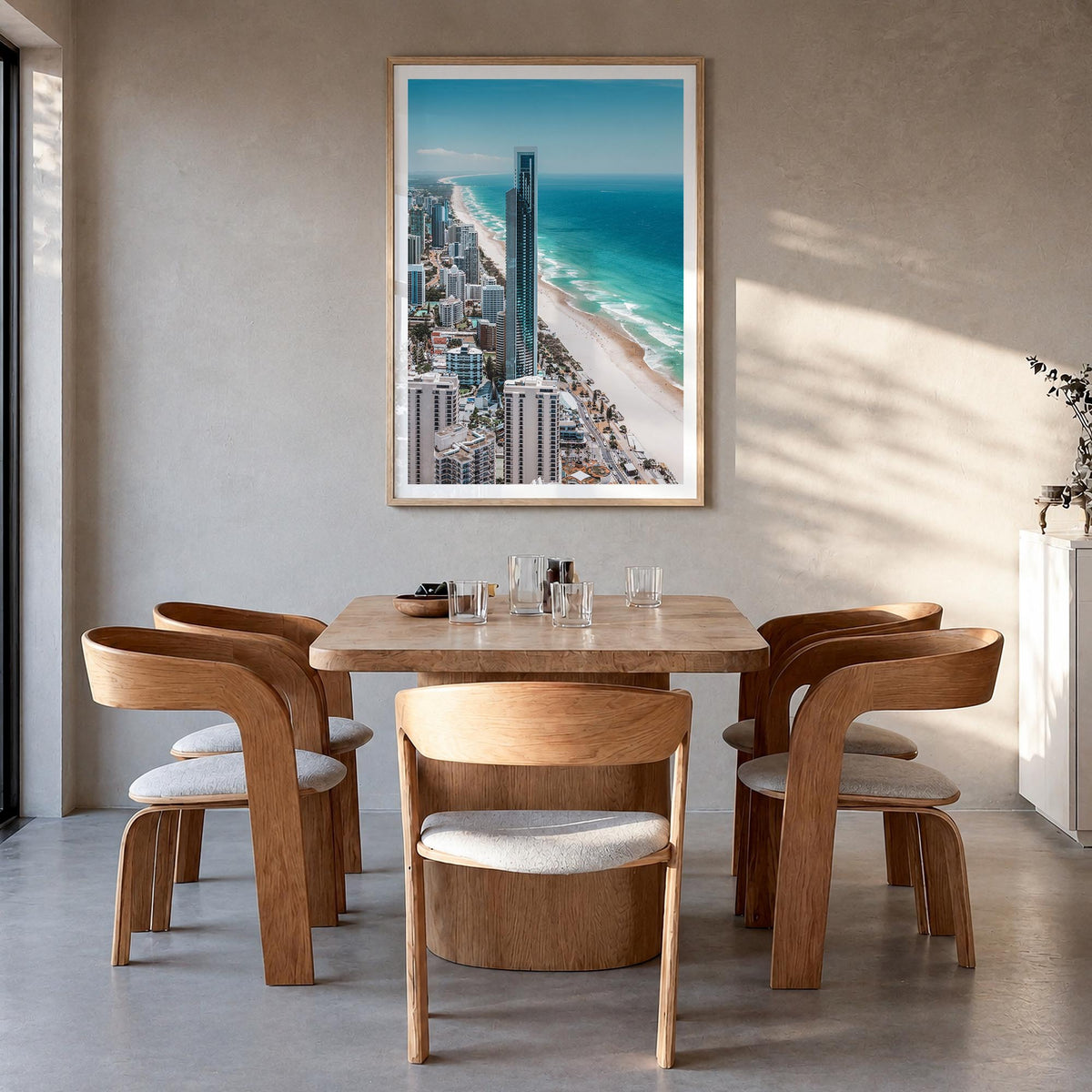 Gold Coast colorful photo poster of Queensland, Australia – vertical wall art in natural wood frame with white border, hangin