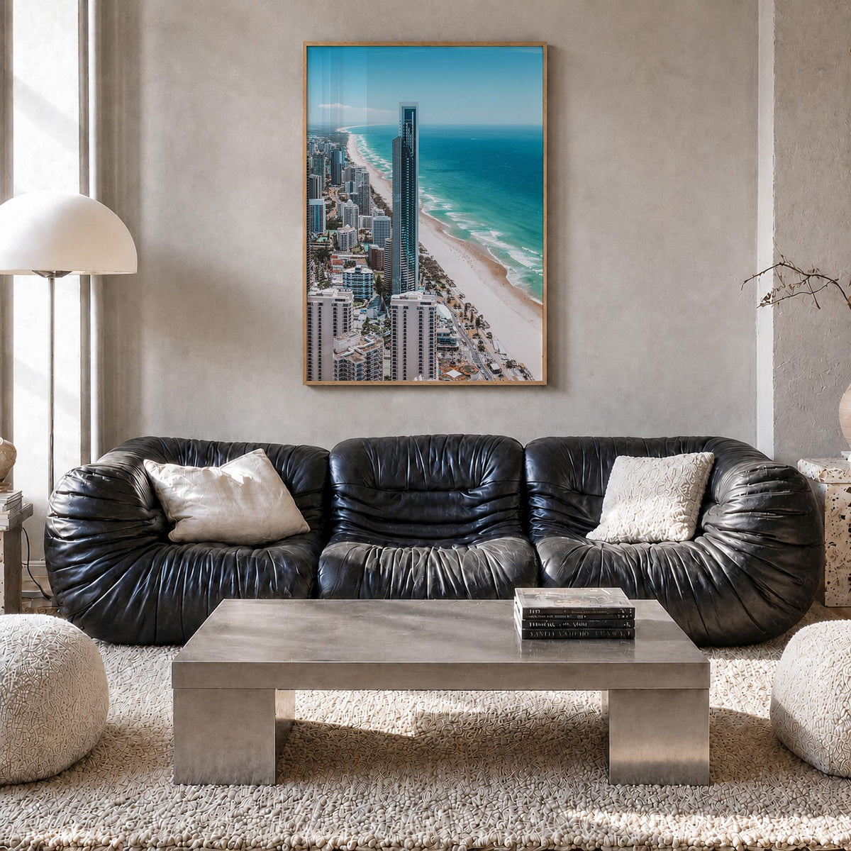 Gold Coast colorful photo poster of Queensland, Australia – vertical wall art in natural wood frame, hanging on wall