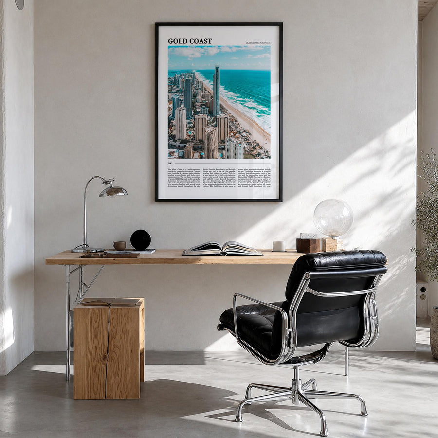 Gold Coast colorful travel poster of Queensland, Australia – vertical wall art in black wood frame, hanging on wall