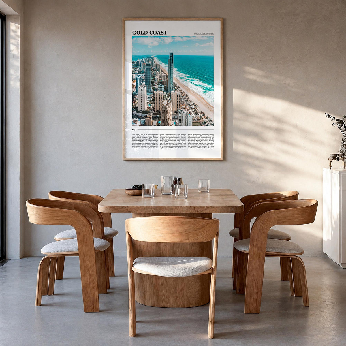 Gold Coast colorful travel poster of Queensland, Australia – vertical wall art in natural wood frame, hanging on wall