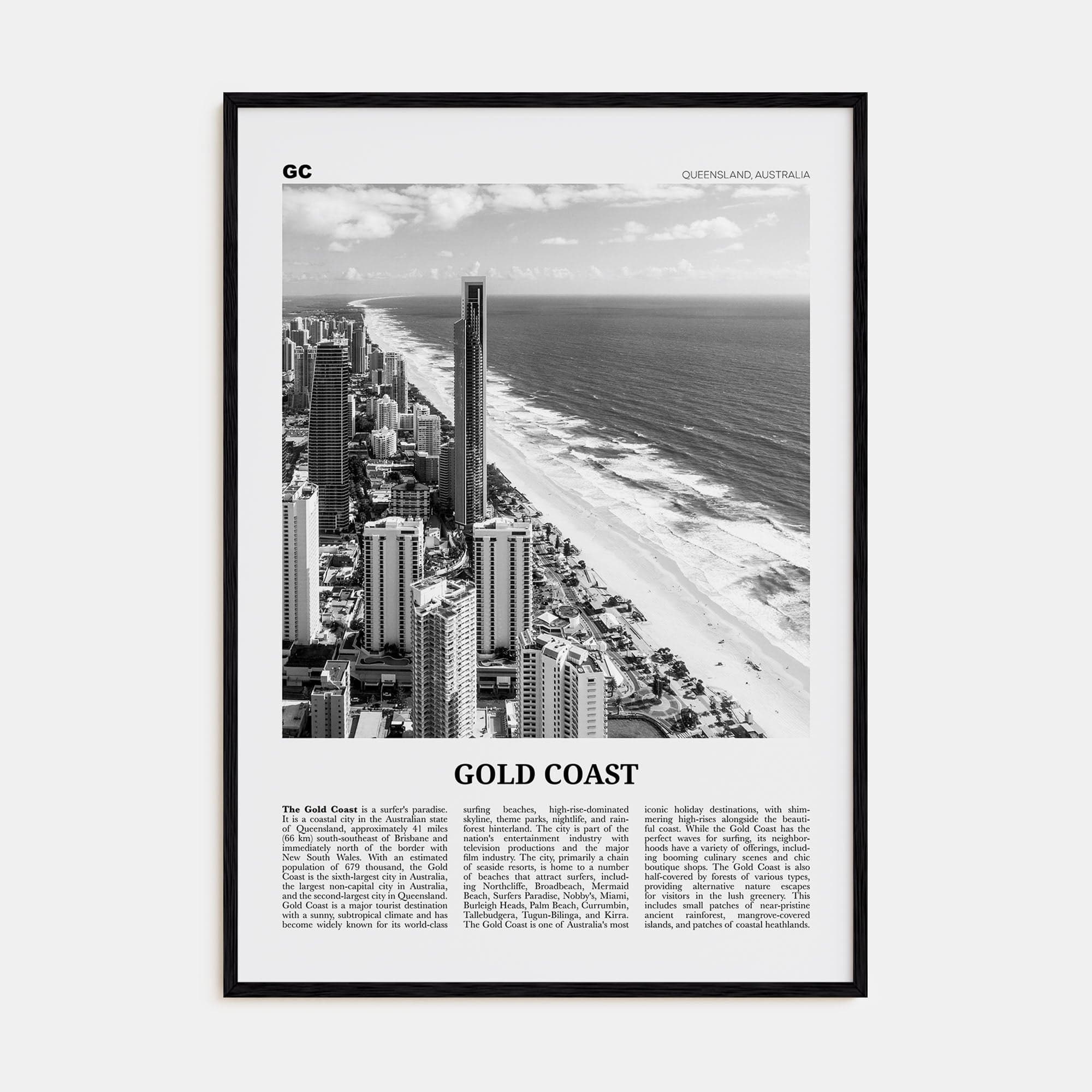 Gold Coast Poster Black Wood / 8x12 in Nbourhood Travel B&W Poster