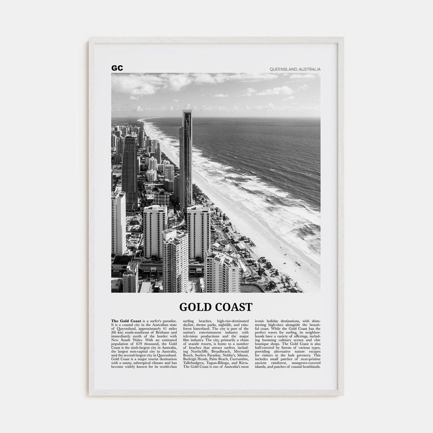 Gold Coast Poster White Wood / 8x12 in Nbourhood Travel B&W Poster