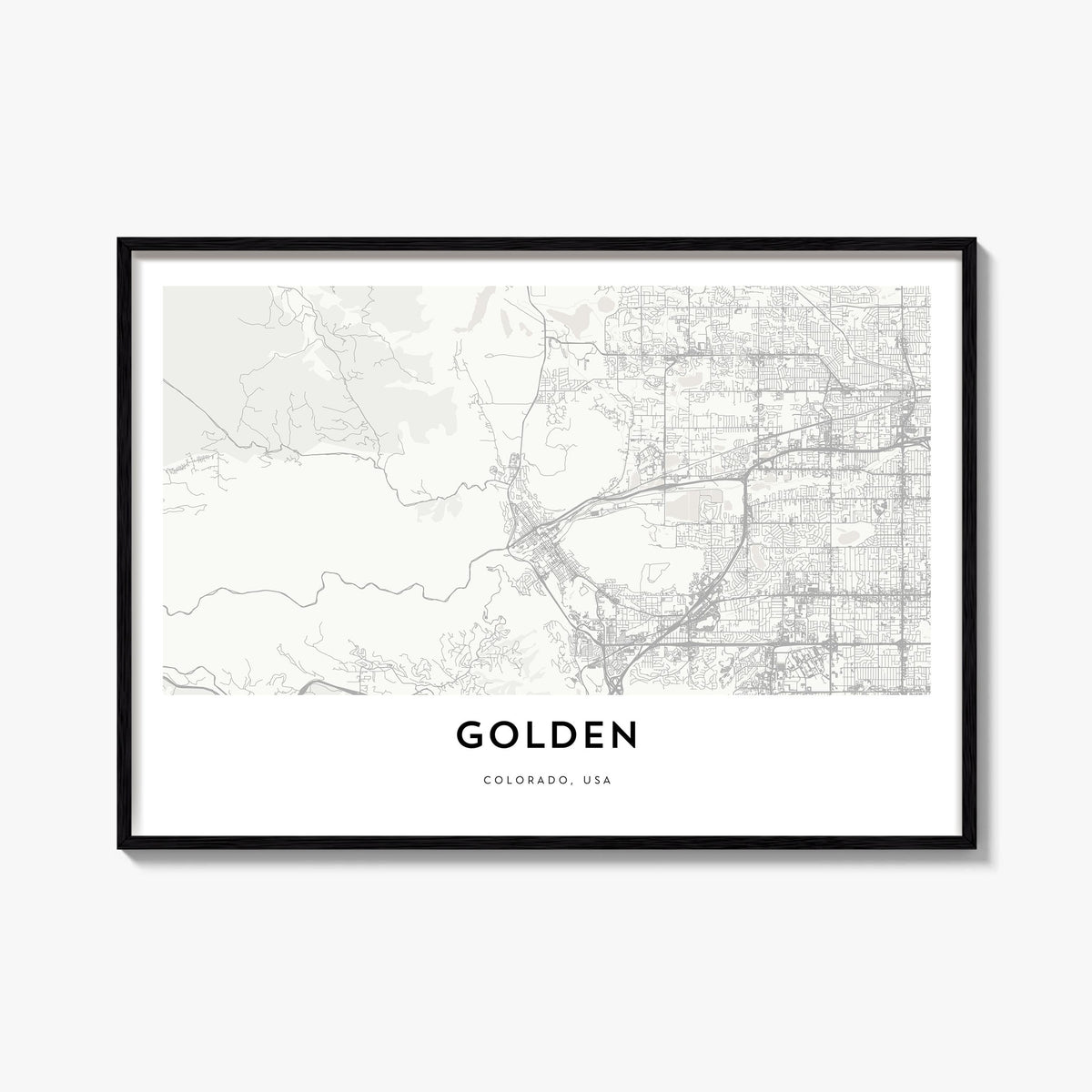 Golden black & white map poster of Colorado, USA – horizontal wall art, unframed print shown in interior mockup