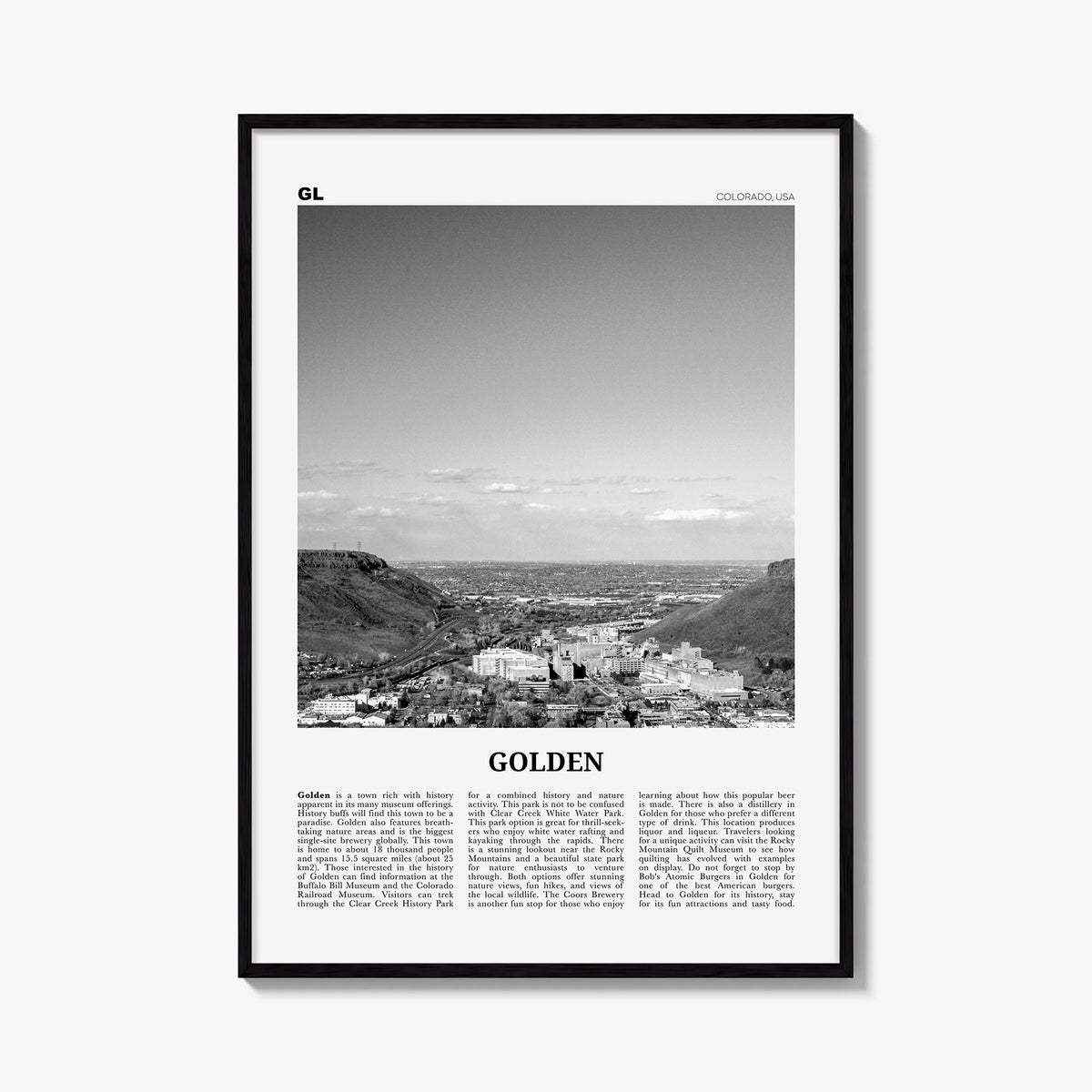 Golden black & white newspaper poster of Colorado, USA – vertical wall art, unframed print shown in interior mockup