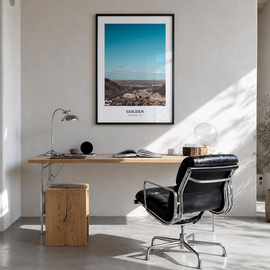 Golden colorful classic poster of Colorado, USA – vertical wall art in black wood frame, hanging on wall