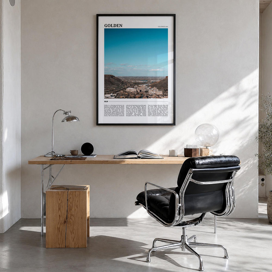 Golden colorful travel poster of Colorado, USA – vertical wall art in black wood frame, hanging on wall