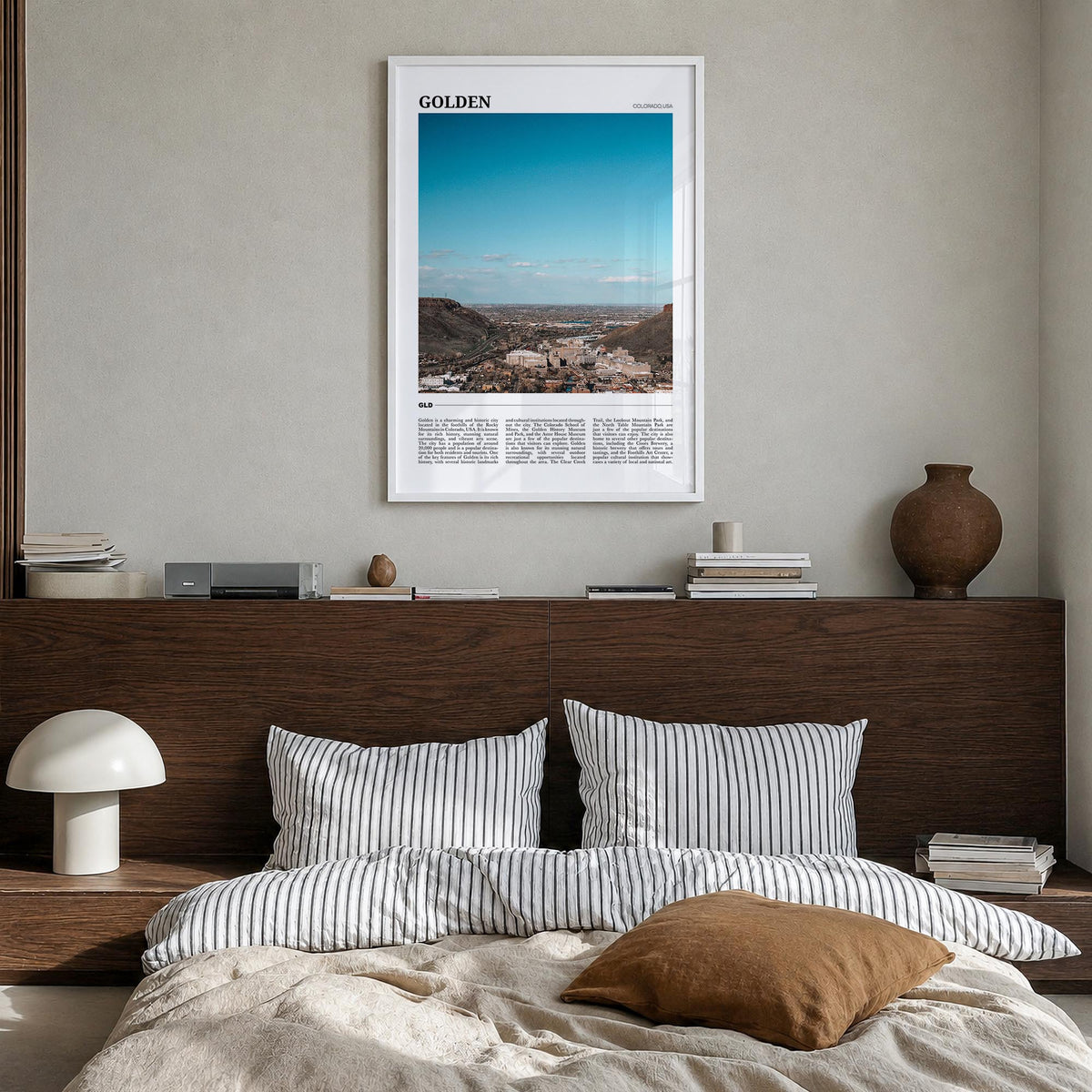 Golden colorful travel poster of Colorado, USA – vertical wall art in white wood frame, hanging on wall