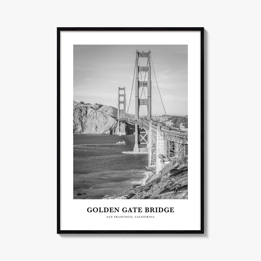 Golden Gate Bridge black & white classic poster of San Francisco, California – vertical wall art, unframed print shown in int