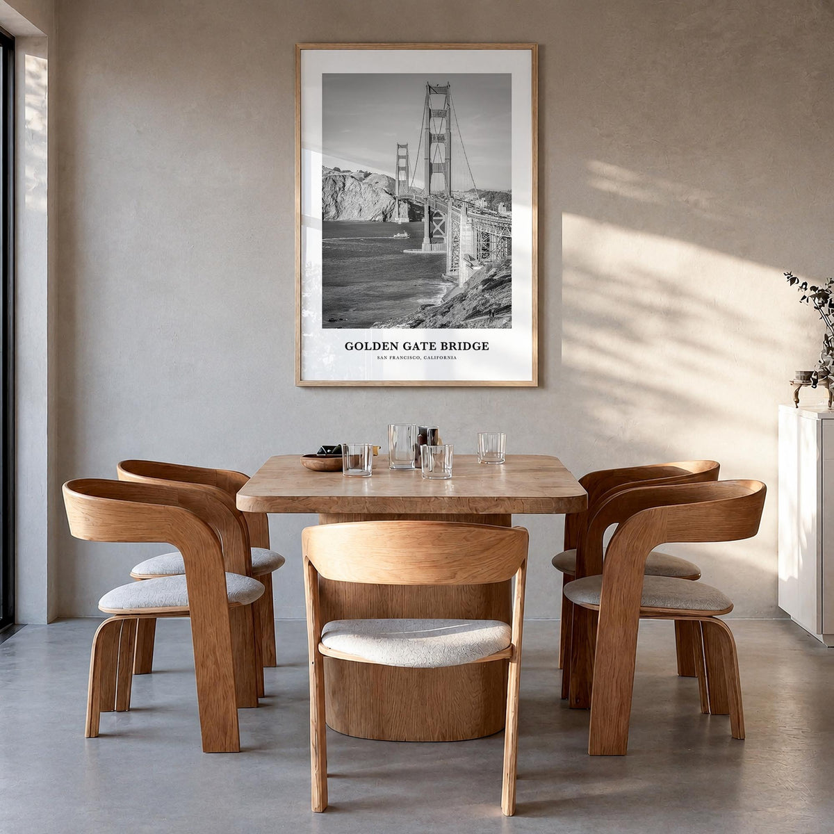 Golden Gate Bridge black & white classic poster of San Francisco, California – vertical wall art in natural wood frame, hangi