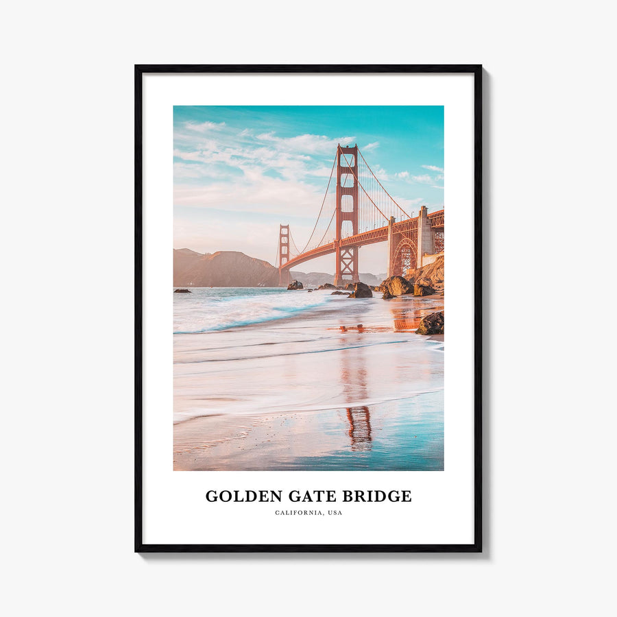 Golden Gate Bridge colorful classic poster of San Francisco, California – vertical wall art, unframed print shown in interior