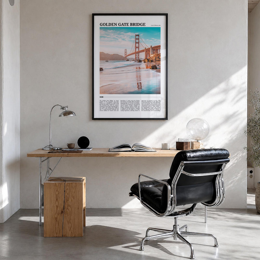 Golden Gate Bridge colorful travel poster of San Francisco, California – vertical wall art in black wood frame, hanging on wa
