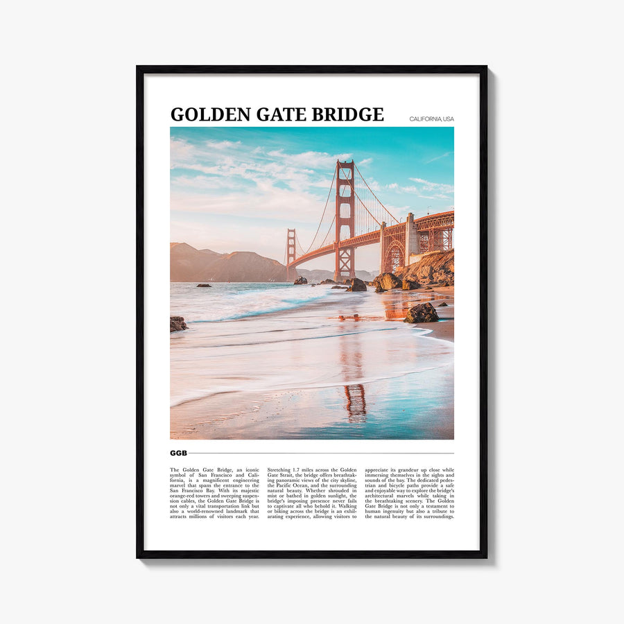 Golden Gate Bridge colorful travel poster of San Francisco, California – vertical wall art, unframed print shown in interior 