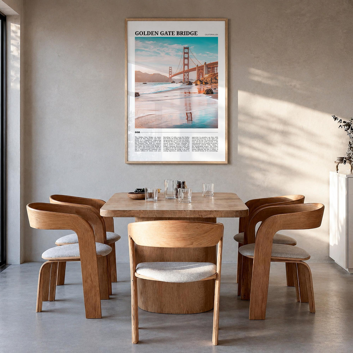Golden Gate Bridge colorful travel poster of San Francisco, California – vertical wall art in natural wood frame, hanging on 