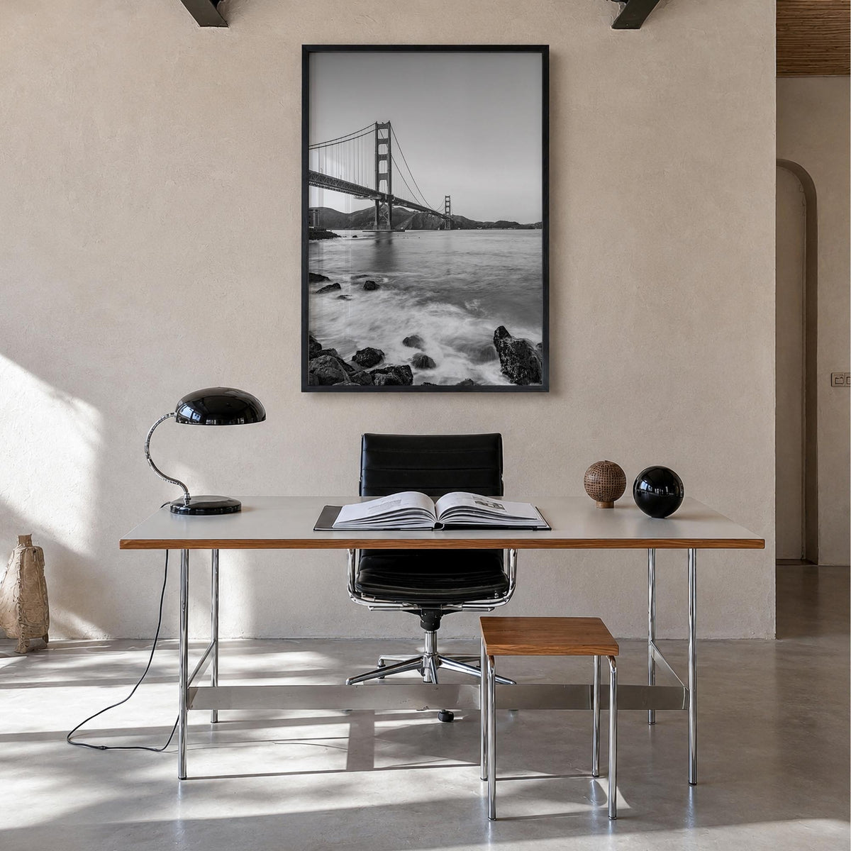 Golden Gate Bridge no. 1 black & white photo poster of San Francisco, California – vertical wall art in black wood frame, han